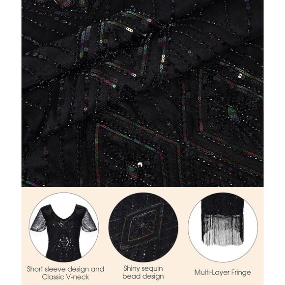 1920s Flapper Dress Sheer Beaded Sleeves Vintage Inspired Costume with Accessori - Picture 7 of 7